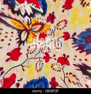 A vibrant display of floral patterns featuring bold reds, yellows, and blues, intertwined with delicate leaves and a butterfly, creating an enchanting, tapestry-like composition., A circular fabric featuring a vibrant floral pattern with blue and red flowers set against a light background, surrounded by a subtle white border. Classic art with a modern twist reimagined by Artotop, Transformed French Fabrics, First Half of the Nineteenth Century, Classic art with a modern twist reimagined by Artotop Stock Photo