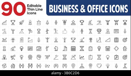 Business and Office Line Icons Set – Black Stroke Style Vector Collection – Minimal and Editable Outline Symbols for Corporate, Finance, Communication Stock Vector