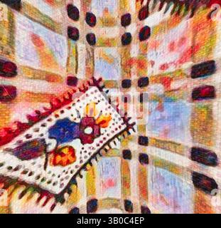 A vibrant textile featuring intricate patterns and bright colors, with a central decorative patch displaying floral designs, all set against a backdrop of intersecting lines and shapes that create a sense of motion., A circular textile features a delightful pattern of colorful floral motifs arranged in frames over a grid design, creating a vibrant and playful aesthetic. Classic art with a modern twist reimagined by Artotop, Transformed French Fabrics, First Half of the Nineteenth Century, Classic art with a modern twist reimagined by Artotop Stock Photo