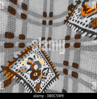 A textured fabric pattern featuring intricate geometric designs and vibrant accents, with elements of symmetry and contrast creating an engaging visual appeal., A circular pattern showcases an intricate design featuring diamond shapes adorned with floral motifs, all set against a grid background. The subtle interplay of colors adds depth to the overall composition. Classic art with a modern twist reimagined by Artotop, Transformed French Fabrics, First Half of the Nineteenth Century, Classic art with a modern twist reimagined by Artotop Stock Photo
