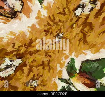 An abstract representation featuring swirling patterns of warm hues, resembling a dynamic floral arrangement or a burst of autumn colors, accented by hints of green and white., A textured design featuring a circular arrangement of golden foliage, accented by green leaves and small white blossoms, creating a vibrant and organic pattern. Classic art with a modern twist reimagined by Artotop, Transformed French Fabrics, First Half of the Nineteenth Century, Classic art with a modern twist reimagined by Artotop Stock Photo