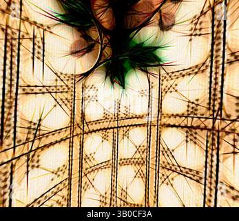 A textured background features an intricate pattern of intersecting lines and shapes, highlighted by delicate green accents that suggest organic elements, creating a dynamic interplay between structure and nature., An intricate pattern features delicate floral elements intertwined with a grid-like structure, creating a harmonious blend of organic shapes and geometric design. The color palette hints at warmth, with earthy tones complementing the foliage. Classic art with a modern twist reimagined by Artotop, Transformed French Fabrics, First Half of the Nineteenth Century, Classic art with a Stock Photo
