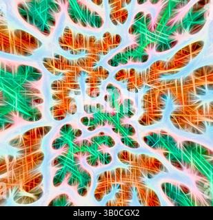 A vibrant abstract design resembling a network of interconnected, organic shapes in bright colors, creating a sense of depth and movement. The intricate patterns evoke a feeling of chaotic beauty and dynamic energy., An intricate design featuring a vibrant pattern of intertwined shapes in orange and green, set against a light background. The composition showcases a harmonious blend of organic forms that evoke a sense of nature and fluidity. Classic art with a modern twist reimagined by Artotop, Transformed French Fabrics, First Half of the Nineteenth Century, Classic art with a modern twist Stock Photo