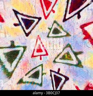 An abstract composition featuring a vibrant burst of colorful triangular shapes, set against a soft, textured background that enhances the playful energy of the design., A circular design featuring an array of colorful triangles in various hues, layered over a textured background that adds depth to the vibrant pattern. Classic art with a modern twist reimagined by Artotop, Transformed French Fabrics, First Half of the Nineteenth Century, Classic art with a modern twist reimagined by Artotop Stock Photo