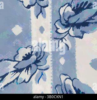 A vibrant, abstract pattern featuring intertwining flowers and geometric shapes, rendered in various shades of blue, creating a dynamic and textured visual experience., A delicate floral pattern featuring blue roses on a light background, accented by vertical stripes and small diamond shapes. Classic art with a modern twist reimagined by Artotop, Transformed French Fabrics, First Half of the Nineteenth Century, Classic art with a modern twist reimagined by Artotop Stock Photo