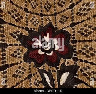 A vibrant, intricately designed floral pattern features rich colors and delicate detailing, drawing the eye towards its textured layers and bold shapes., A vintage floral pattern featuring deep red and black flowers on a textured, neutral background, delicately arranged in a grid-like design. Classic art with a modern twist reimagined by Artotop, Transformed French Fabrics, First Half of the Nineteenth Century, Classic art with a modern twist reimagined by Artotop Stock Photo