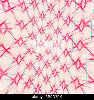 A captivating abstract design features a dynamic web of intersecting lines and shapes, creating a vibrant grid pattern. The interplay of bold red and subtle hints of turquoise adds an energetic feel, drawing the eye into a complex interplay of angles and forms., An intricate pattern featuring overlapping geometric shapes in vibrant hues of pink and highlighted with subtle hints of blue and yellow, creating a captivating visual texture. The design is enclosed within an oval shape, enhancing its rhythmic appeal. Classic art with a modern twist reimagined by Artotop, Transformed French Fabrics Stock Photo
