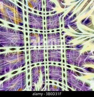 A vibrant, abstract design featuring a web of intersecting lines and shapes, blending shades of purple, green, and hints of yellow, creating an intricate and dynamic visual pattern., A round plate featuring a vibrant purple background adorned with intricate white floral patterns and a grid design, creating a visually striking and elegant appearance. Classic art with a modern twist reimagined by Artotop, Transformed French Fabrics, First Half of the Nineteenth Century, Classic art with a modern twist reimagined by Artotop Stock Photo