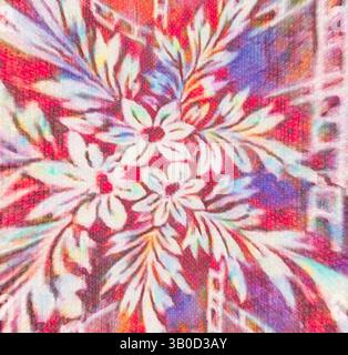 A vibrant floral pattern features delicate white flowers surrounded by colorful, abstract swirls and shapes, creating a lively, textured design., A circular pattern featuring delicate floral designs arranged on a vibrant grid background, creating a charming and intricate visual texture. Classic art with a modern twist reimagined by Artotop, Transformed French Fabrics, First Half of the Nineteenth Century, Classic art with a modern twist reimagined by Artotop Stock Photo