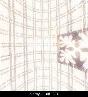 A design featuring an intricate checkered pattern combined with a floral motif, creating a sense of depth and texture. The interplay of lines and shapes adds a modern twist to a classic look., A circular pattern featuring a grid design, interspersed with delicate snowflake motifs and subtle accents, creating a soft and harmonious visual effect. Classic art with a modern twist reimagined by Artotop, Transformed French Fabrics, First Half of the Nineteenth Century, Classic art with a modern twist reimagined by Artotop Stock Photo