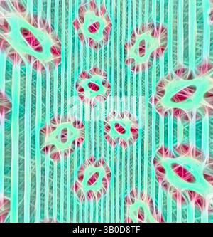 Abstract patterns featuring vibrant teal lines intersected by dynamic shapes in various shades of red and pink, creating a visually striking and energetic composition., A vibrant pattern featuring a series of floral motifs arranged in a circular design, set against a soft background with subtle horizontal lines. The colors create a playful, lively atmosphere. Classic art with a modern twist reimagined by Artotop, Transformed French Fabrics, First Half of the Nineteenth Century, Classic art with a modern twist reimagined by Artotop Stock Photo