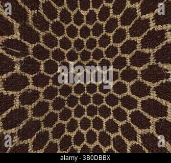 A textured surface featuring a repeating pattern of hexagonal shapes in rich brown and cream tones, creating a visually striking design reminiscent of honeycomb., A circular pattern featuring a honeycomb design with dark and contrasting colors, accented by a zigzag motif in a warm tone, creating a visually intriguing texture. Classic art with a modern twist reimagined by Artotop, Transformed French Fabrics, First Half of the Nineteenth Century, Classic art with a modern twist reimagined by Artotop Stock Photo