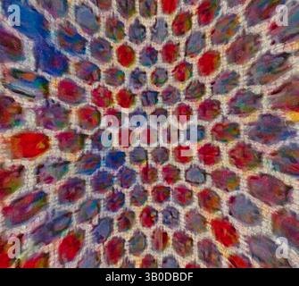 A vibrant burst of colors radiates outward from a central point, resembling a mosaic or abstract artwork. The design features a mix of circular and irregular patterns, creating a dynamic and energetic visual experience., A circular pattern showcases a honeycomb design filled with intricate red and purple hexagons, interspersed with a striking zigzag motif in yellow and blue, creating a vivid contrast. Classic art with a modern twist reimagined by Artotop, Transformed French Fabrics, First Half of the Nineteenth Century, Classic art with a modern twist reimagined by Artotop Stock Photo