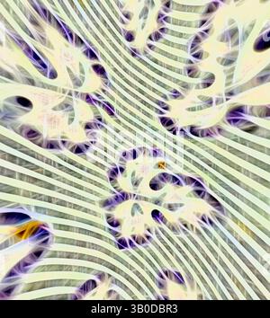 A mesmerizing interplay of wavy lines and organic shapes intertwines, creating a dynamic visual rhythm. Hints of ethereal colors accentuate the flowing forms, evoking a sense of movement and depth., A circular design featuring an intricate pattern of leaves interspersed with diagonal lines, creating a visually captivating and textured surface. Classic art with a modern twist reimagined by Artotop, Transformed French Fabrics, First Half of the Nineteenth Century, Classic art with a modern twist reimagined by Artotop Stock Photo