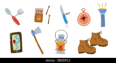 Set of campfire elements. Hiking set. Stock Vector