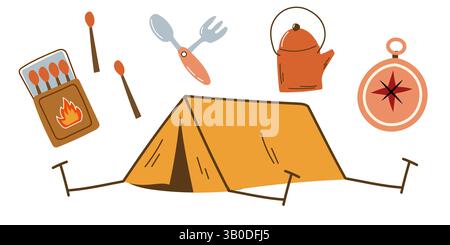 Set of hiking elements. Campfire set. Camping. Stock Vector