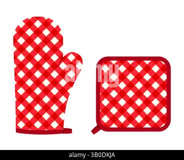 Oven Gloves Mitt and potholder red cartoon Fashion hand accessory clothing technical illustration garment. Vector for Men, women, unisex style flat template mockup sketch outline on white background Stock Vector