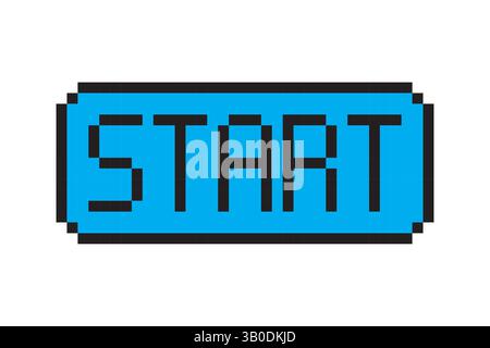 Start button icon. Pixel art label. Blue retro rectangle. Vector gaming shape. Stock Vector