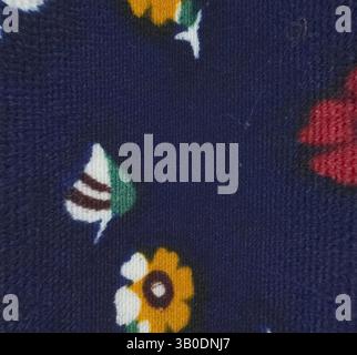 A close-up pattern featuring floral designs and small birds, set against a dark background. The bright colors of the flowers and the details of the birds create a playful and vibrant aesthetic., A patterned fabric featuring vibrant flowers in red, yellow, and white against a deep blue background, complemented by delicate green leaves and subtle striped accents. Classic art with a modern twist reimagined by Artotop, Transformed French Fabrics, First Half of the Nineteenth Century, Classic art with a modern twist reimagined by Artotop Stock Photo