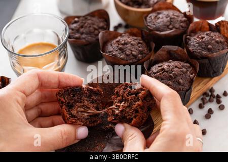 Chocolate chip muffins mini size with chocolate filling split in half, double chocolate muffins Stock Photo