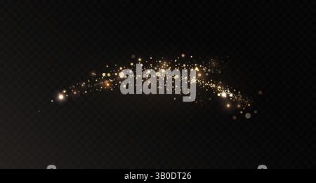 Magic light effect with golden dust and glitter on a dark transparent background. Realistic vector illustration of sparkling, shimmering gold powder Stock Vector