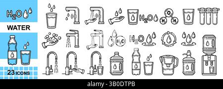 Water H2O drink, aqua drinking filter, faucet plumbing, cooler, bottle and glass, beverage cooling. Liquid filtration, wash clean hand line icon set Stock Vector