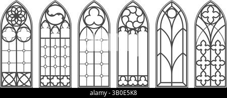 Gothic church window with pattern. Cathedral glass arches. Medieval vintage cathedral architecture frames. Catholic stained interior decorations on Stock Vector