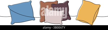 Set of cozy pillows one line colored continuous drawing. Comfortable pillows for sleep. Vector illustration. Stock Vector