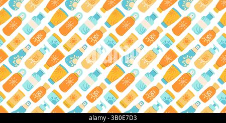 Seamless pattern of colorful sunscreen bottles with SPF labels. Ideal for summer, beach, or skincare designs Stock Vector