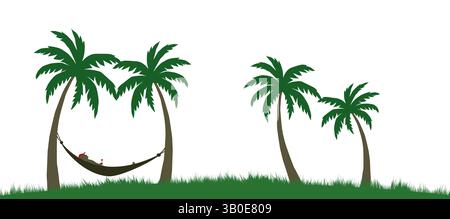 A serene image featuring a hammock strung between two palm trees, and a young man resting evoking feelings of tranquility, relaxation. Stock Vector