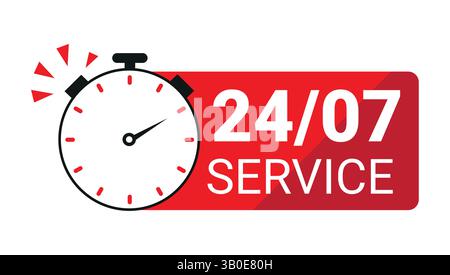 vector illustration of a red stopwatch and 24/7 service text, representing round-the-clock support, emergency services, availability Stock Vector