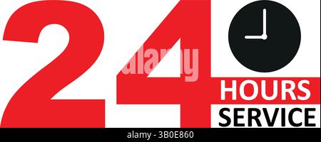 bold vector design showing 24 hours service text with a clock icon, representing nonstop customer support, emergency service, round the clock Stock Vector