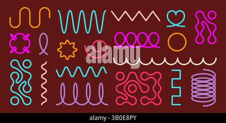 Colorful metaball and spring spiral coil elements set - flexible zigzag waves, wavy random tangled lines, loops and curls. Geometric organic shapes collection. Decorative graphic design assets. Stock Vector