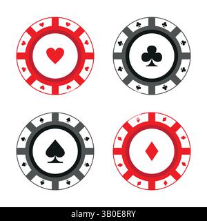 four colorful poker chips with heart, club, spade, and diamond symbols, representing casino games, gambling, betting, luck, and entertainment Stock Vector