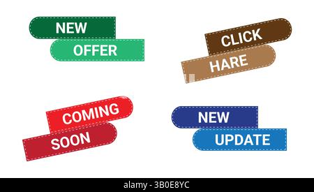 colorful stitched ribbon labels with texts like new offer, click hare, coming soon, and new update, designed for website banners, promotions Stock Vector
