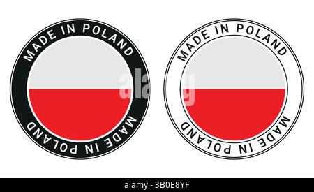 two round badges featuring the polish flag design with made in poland text around, used for showing product origin, certification Stock Vector