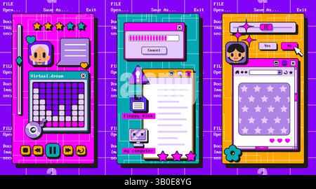 Retro user interface windows collection - loading screen, folder explorer, message box dialog. Colorful oldschool graphic elements in neon purple pink style. 90s computer program ui illustrations. Stock Vector