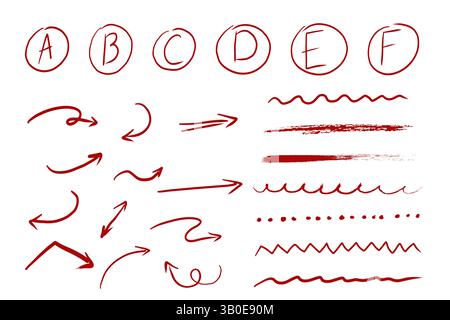 Red arrow mark hand drawn sketchy paintbrush, swirl arrows set, doodle highlight mark or check. Grunge stroke. Important sign. . Vector illustration Stock Vector