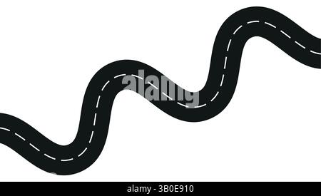 a winding curved road vector illustration with dashed center lines on a white background, symbolizing travel, journey, path or navigation in a simple Stock Vector