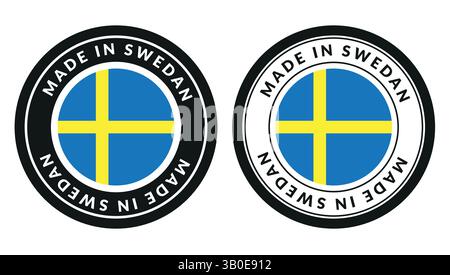 two round badges with swedish flag design and made in sweden text around, showing product origin label, certification or country of manufacturing Stock Vector