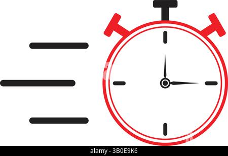 stopwatch with motion lines symbolizing speed and fast time, red and black simple graphic design showing quick countdown concept Stock Vector