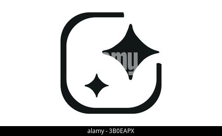 Clean sparkle icon in black showing two shining stars within a rounded corner square, symbolizing freshness and clarity Stock Vector