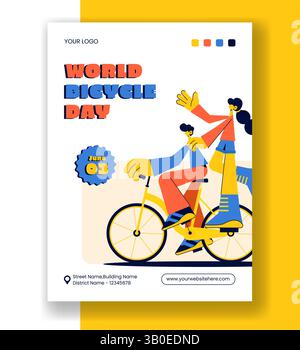 World Bicycle Day Vertical Poster Template with Cycling Theme in Flat Cartoon Style Stock Vector