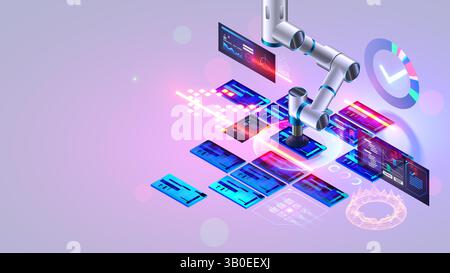 Robot or robotic arm shifts semiconductor chips on an assembly line at an electronics factory. An industrial robot uses a suction cup to drag small de Stock Vector