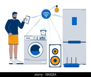 Black man managing smart household appliances using tablet doodle illustration concept Stock Vector