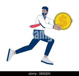 Anxious business black man running with dollar coin 2D cartoon character Stock Vector