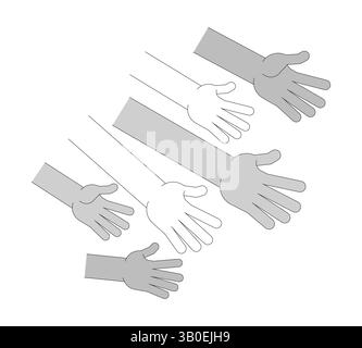 Many diverse hands reaching for help, resources outline illustration Stock Vector