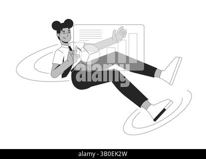 Black female professional floating with dashboard 2D line character Stock Vector
