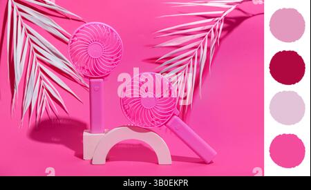 Plaster podium with portable electric fans and paper palm leaves on pink background. Different color patterns Stock Photo
