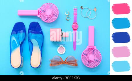 Composition with portable electric fans and stylish female accessories on blue background. Different color patterns Stock Photo